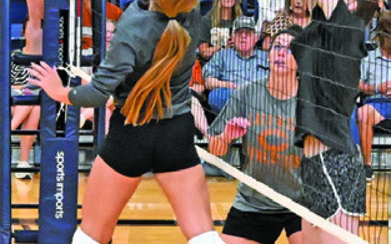 BOTH THE CURRENT and former Lady Hornets seemed to be at home at the net during Saturday’s alumni scrimmage. Tribune photo by Denise Squier