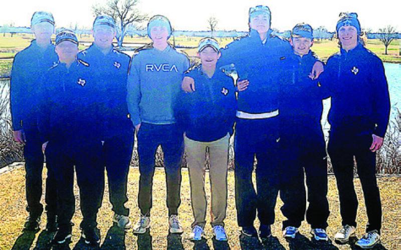 THE CALDWELL HIGH SCHOOL boys golf team members include, from left, Wyatt Kosh, Sam Waldrip, Brayden Titzman, Nathan Scott, Spencer Ellis, Grant McManus, Cobey McCuller and Harrison Novak. The team placed fourth at the Navasota Tournament.
