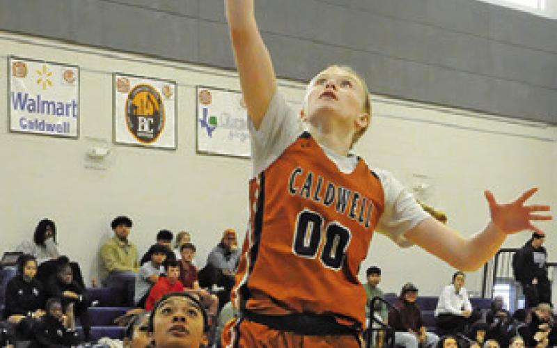 IRELAND MORGAN leaps to shoot a layup during Caldwell’s win over the Burton JV Thursday during the Lady Hornet Classic Basketball Tournament. Tribune photo by Denise Squier