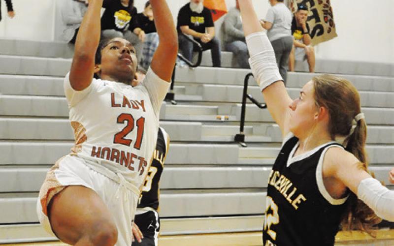 CALDWELL SOPHOMORE AVELYNN O’Riley shoots a layup over a Bruceville-Eddy Lady Eagle during the Lady Hornets’ game last Monday morning at Hornet Gym. -- Tribune photo by Denise Squier