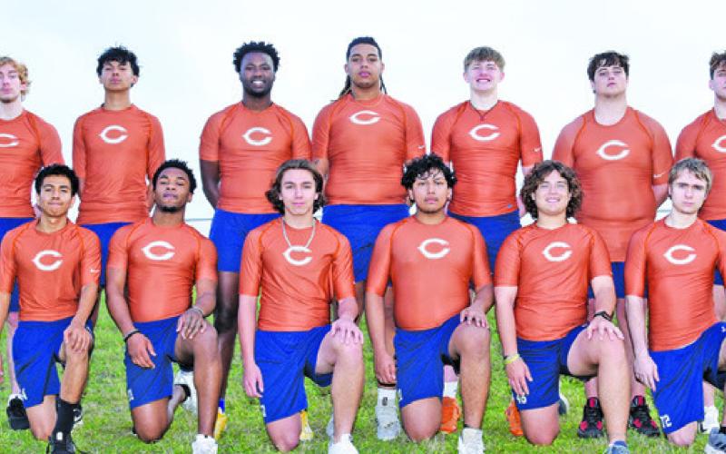 THE 2023 CALDWELL HIGH SCHOOL HORNET VARSITY track team is, from left, back, Jacob Beck, Tobias Jeffery, Tavarian Grimes, Delvin Morris, Corbin Stewart, Josh Mowbray, Jamin White, front, Anthony Rueda, Cadarius Williams, Jacob Murphy, Moises Hernandez Mendoza, Kiefer Ellis and Dylan Errington. -- Photo courtesy of Dianne Pursch Photography