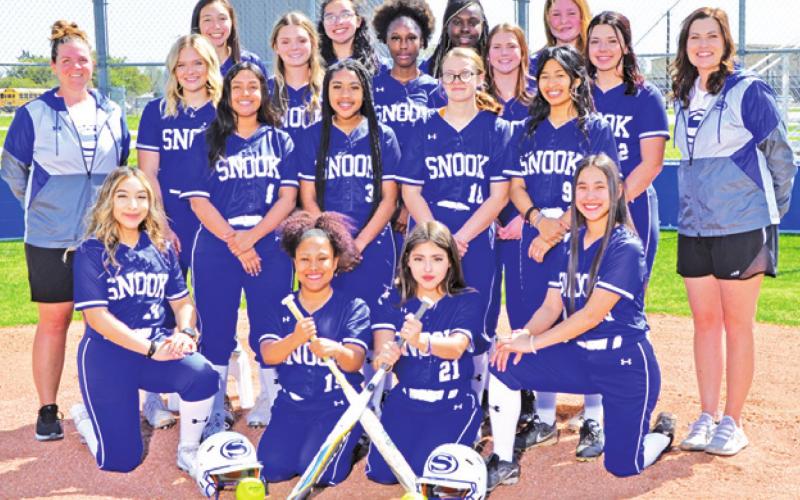 THE 2022 SNOOK LADY JAYS SOFTBALL TEAM is, from left, front, Nadia Garcia, Iyana Ramirez, Maricella Ponce, Carmen Miller, second row, Kat Moreno, Alana Stringfellow, Savannah Davidson, Frida Mota, third row, Coach Wendy Lueckemeyer, Aubrey Becker, Lexi Macik, Kiara Green, Payton Sodolak, Jalee Baumann, Coach Loren Cooper, back, Paola Arredondo, Maytte Arredondo, Makenzie Moore and Morgan Lopez.