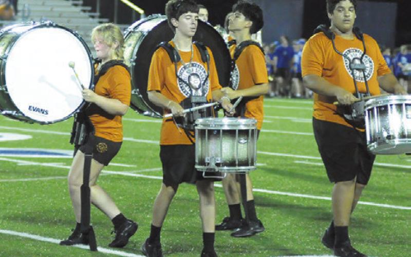 THE HORNET BAND DRUMLINE performs during the band’s halftime show at the Caldwell-Robinson game on Friday night. Tribune photo by Denise Squier