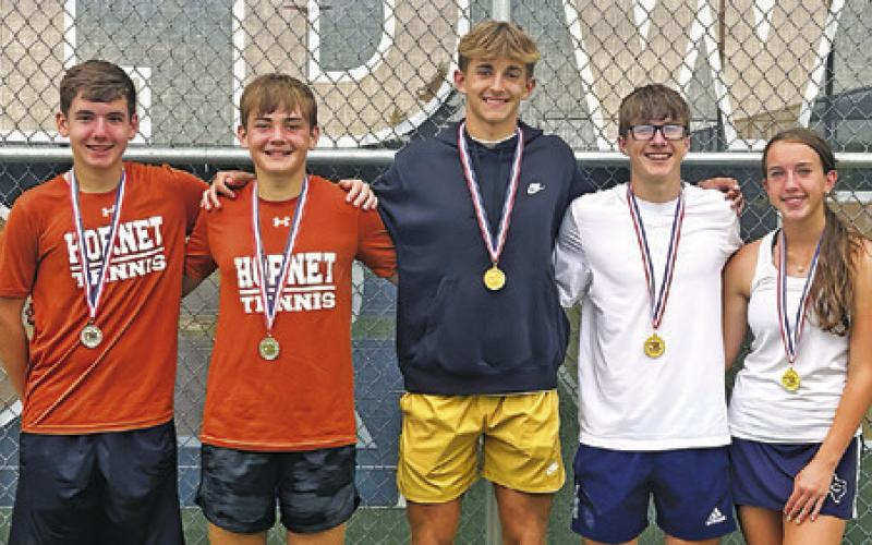 THESE FIVE CALDWELL HIGH SCHOOL TENNIS PLAYERS qualified for the Class 4A Region 3 Tennis Tournament next week at Rudder High School in Bryan. Pictured are Parker White, Billy Cochran, Dylan Chapman, Cayden Zboril and Kylie Vogler.