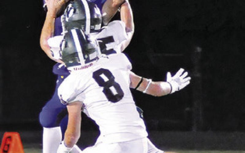 SNOOK’S TRISTAN Yen reaches for this pass against Normangee. The Bluejays lost 20-12. Tribune photo by Denise Squier