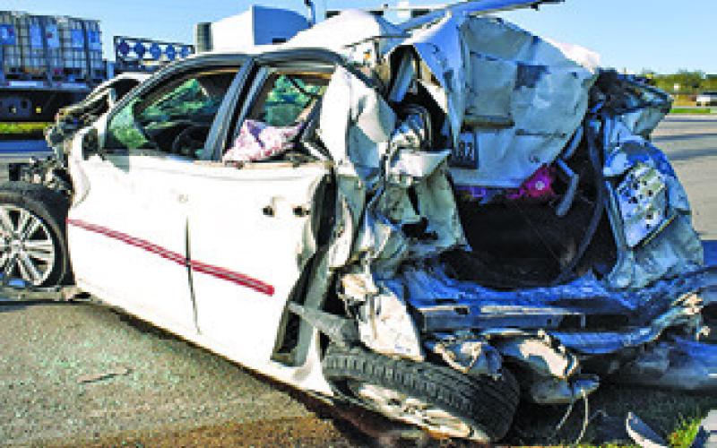 THIS CAR was damaged on Tuesday afternoon, Nov. 5, in a multi-vehicle pileup accident on State Highway 21 East at County Road 300. Details were not available at press time. Tribune photo by Roy Sanders