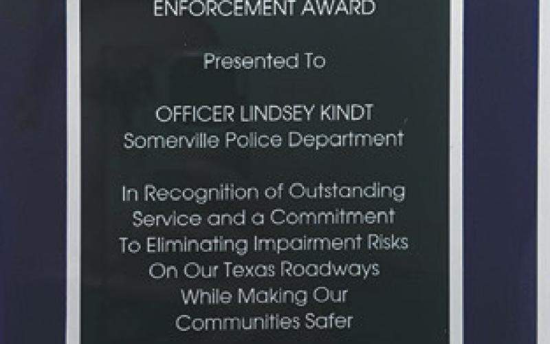 SOMERVILLE POLICE Officer Lindsey Kindt received this award during a luncheon on Monday in College Station.