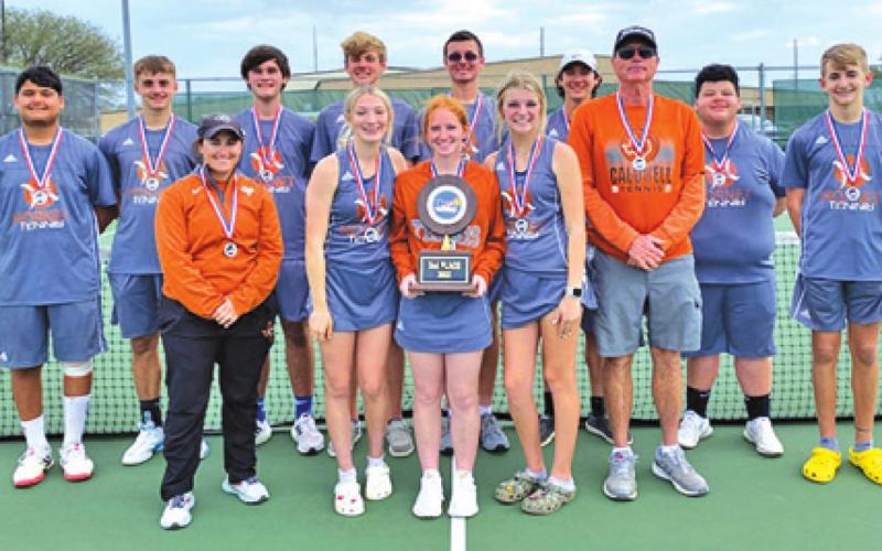 THE CALDWELL TENNIS TEAM placed second in the Texas Tennis Coaches Association regional tournament and qualified for the state tournament. Pictured from left, back, is Alejandro Zapata, Waylon Chapman, Connor Hughson, Breyden Athey, Gabe Pipes, Keith Ramon, Bryan Martinez, Dylan Chapman, front, Coach Mackenzie Kassner, Kori Archer, Hope Savage, Karly Fritsche and Coach Dusty Loewe. Not pictured is Tilly Hicks and Jordan Perkkio.