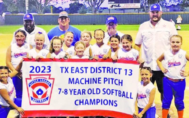BC MACHINE PITCH 7-8 year-old softball All-Stars won the Texas East District 13 tournament championship in 2023. The team included Carly Sheppard, Braely Polasek, Karlee Praesel, Avery Balboa, Blakely Kemper, Bailey Barnes, Cambree Johnson, Kinzleigh Ortega, Jesenia Herrera, Marley Kocurek, Sheyanne Simons and Olivia Zamora. They were coached by Robert Polasek, Adrian Sheppard, Jana Johnson and Flo Ortega. Their title-winning season made the 2023 Top 10 sports stories.