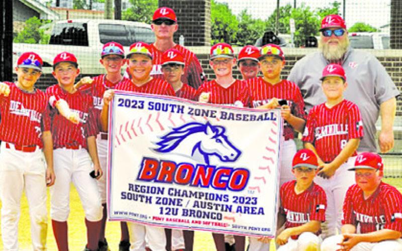 THE DEANVILLE REDS 12U Pony League All-Star Team won the South Zone Region title in 2023 and advanced to the Zone Tournament. The team was, from left, back, Coach Blake Drew, Coach Josh Freeman, middle, Brodie Ford, Evan Hildebrand, Kade Groce, Candon Sanchez, Kolton Willard, Rylan Cross, Blake Elkins, Ajryan Sims, Joceph Rosas, bottom, Parker Smith and Levi Freeman. Not pictured are Coach Nick Rackel and Chase Rackel.