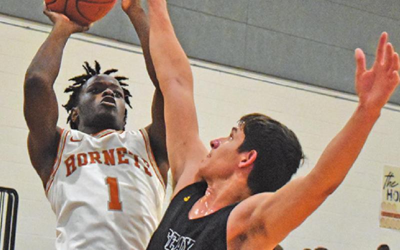 CALDWELL’S JAMAR Hewitt takes a shot against Sealy. -- Tribune photo by Roy Sanders