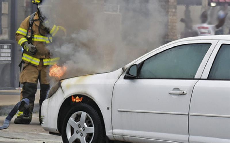 THIS 2007 CHEVROLET Cobalt car erupted in flames at 5:19 p.m. on Friday, Feb. 20, at the Zip In parking lot off State Highway 21. Caldwell Fire Chief Harry Bowers said the blaze started in the engine compartment and spread to the dash board area before it was extinguished by Caldwell firefighters. The driver, Malonni Pulido of LaPorte got out of the car and was not injured, he said.