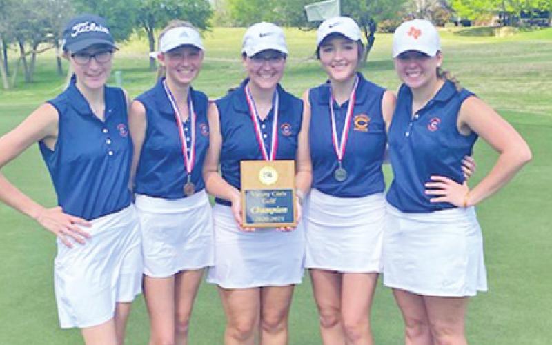 CALDWELL LADY HORNET golfers include, from left, Alexis Zalobny, Maegan Schneider, Hannah Blaha, Priscilla Olivarez and Rachel Novosad. The Lady Hornets won the district championship.