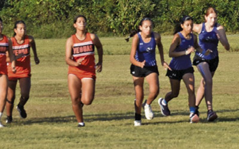 THE SOMERVILLE AND SNOOK VARSITY girls cross country teams embark from the starting line of their race during the District 26-2A Cross Country Meet last week in Caldwell. Tribune photo by Roy Sanders