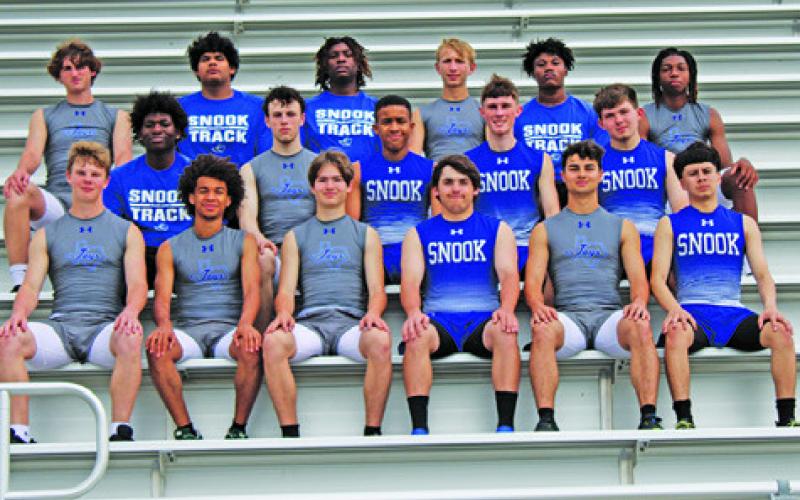 THE 2025 BLUEJAY TRACK team is, from left, front, Michael Eaton, Maxamillion Carter, Gabriel LaCaze, Brandon Horn, Tristan Yen, Sergio Hernandez Rangel, middle, Ke’Treen Carter, Ethan Janac, Vince Nelson, Shawn Eaton, Jensen Weaver-Jakubik, back, Brayden Macik, Noel Lara, Robert Carter, Barrett Dudensing, Jeremiah Curry and John Carr.
