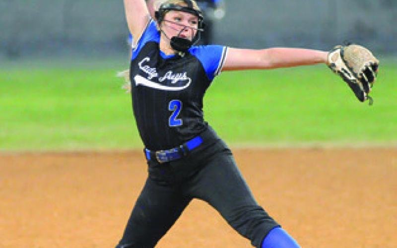 AUBREY BECKER HIT yet another pitching milestone, getting her 800th career strikeout as a Lady Jay last Tuesday. She is pictured pitching last Friday against Mumford. Tribune photo by Denise Squier