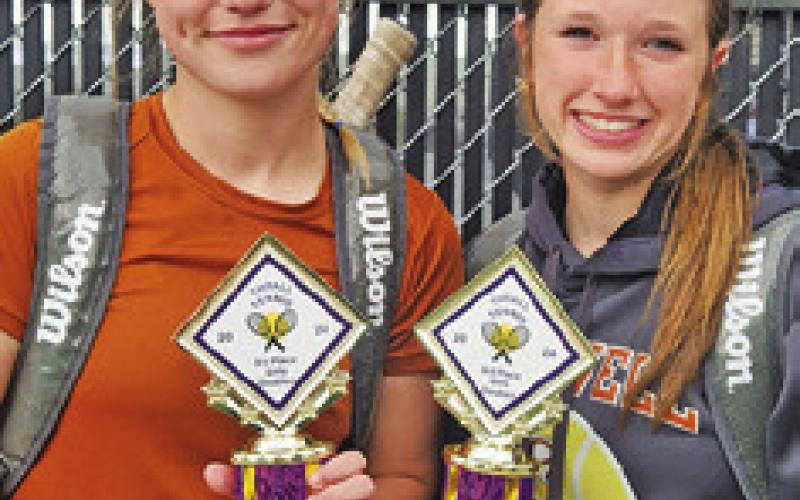 JORDAN PERKKIO and Adeline Hicks placed third in girls doubles at the Thrall Invitational Varsity Tennis Tournament last week.