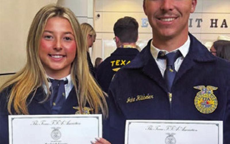 RALEIGH USSERY and Jake Hibbeler of Caldwell FFA received their Lone Star Degrees at the 98th Annual Texas FFA Convention. The Lone Star Degree is the highest degree that can be bestowed upon an FFA member in Texas and recognizes years of dedication, hard work, leadership and success in agricultural education and supervised agricultural experiences.