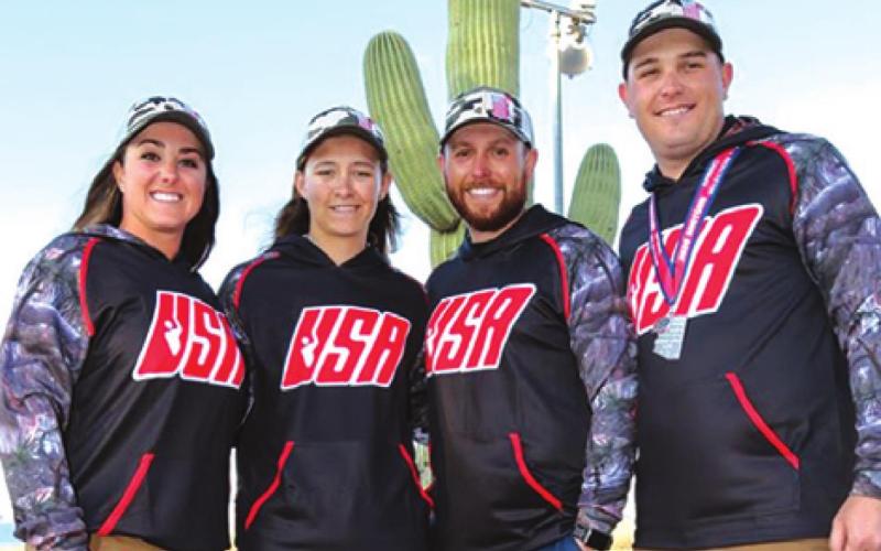 CALDWELL’S PHILLIP JUNGMAN, right, is pictured with Amber English, Austen Smith and Vincent Hancock. The group will be representing Team USA at the Tokyo Summer Olympics in Skeet Shooting.