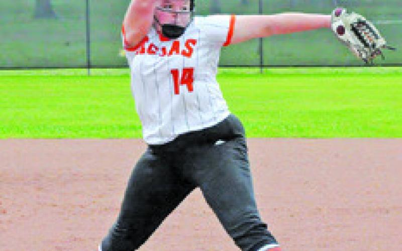 AUBREY KOVASOVIC pitches during the Somerville-Brazos Christian game last Thursday. Tribune photo by Denise Squier