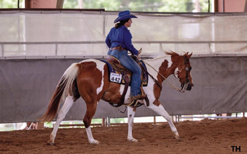 CALDWELL RESIDENT SABINE LAZO returned to the show pen after a spinal injury earlier this year, earning reserve high point in the Open Senior Horse division. Photo courtesy of Treylyn Hancock