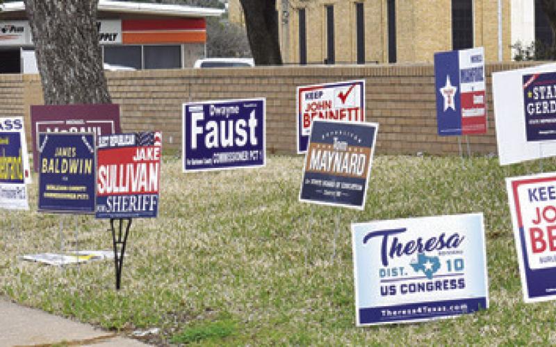 THESE POLITICAL SIGNS are placed at the Burleson County Courthouse. Voters will cast ballots Tuesday in the primaries.