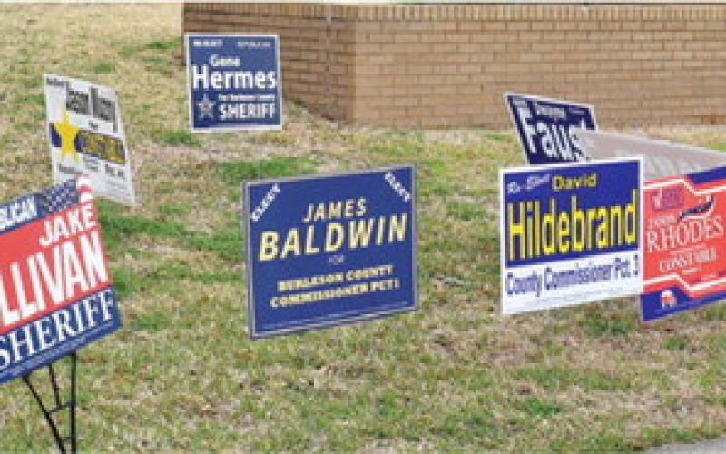 THESE POLITICAL SIGNS are displayed at the Burleson County Courthouse. Voters will go to the polls Tuesday to vote in the primaries.