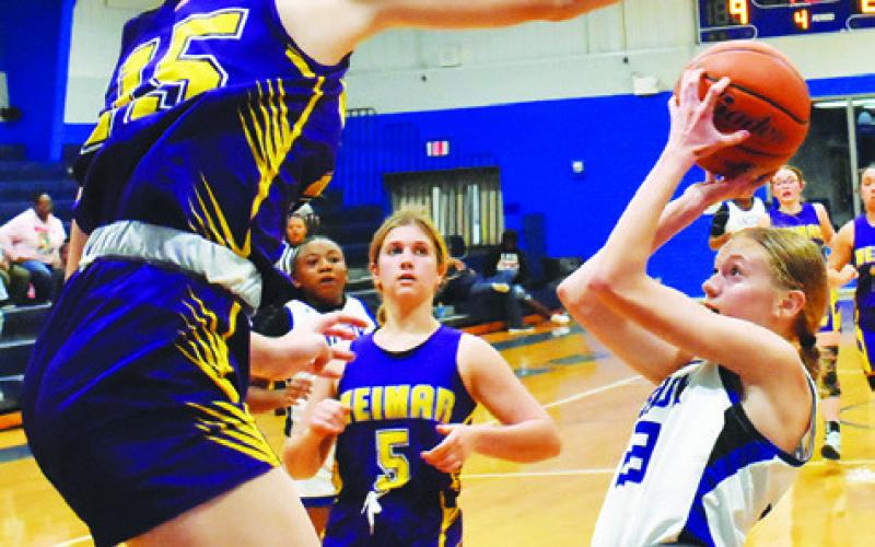 SNOOK’S DAKOTA KIENOW looks to take a shot while a Weimar player attempts to block her shot during last Friday’s Snook-Weimar game in Snook. The Lady Jays fell to the Lady Wildcats 33-17.