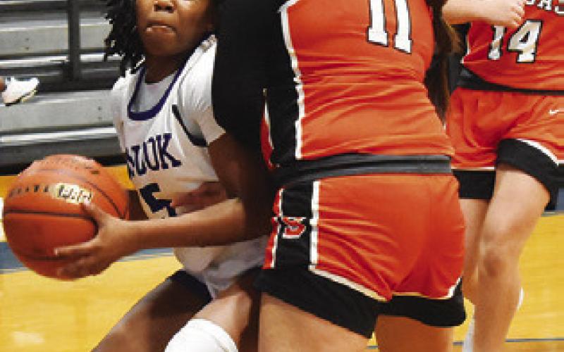 BRAYNIJA POOL tries to set for a shot while Vivianna Munoz defends during the Snook-Somerville game last Friday in Snook. Tribune photo by Roy Sanders