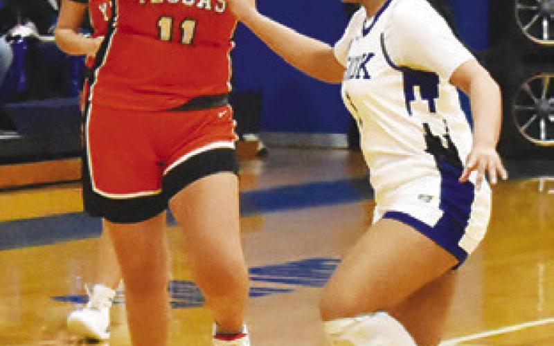 VIVIANNA MUNOZ sets to pass the ball down the court during the Snook-Somerville game last Friday in Snook. Tribune photo by Roy Sanders