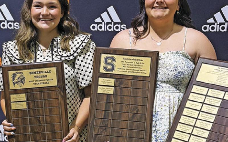 AUBREY KOVASOVIC, RIGHT, was the recipient of the Somerville High School Athletic Remy Award for a girl athlete and was named the girls’ Athlete of the Year along with Annette Reyna (not pictured.) Kovasovic is pictured with Averie Hernandez who was the SHS Defensive MVP for volleyball along with Aubrey Flencher.