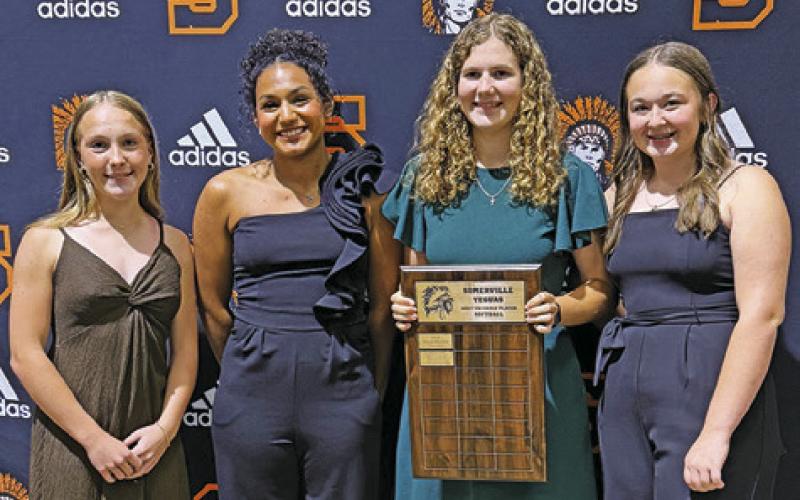 SOMERVILLE HIGH SCHOOL 2025 softball MVPs were Aubrey Flencher, Co-Defensive MVP; Emma Williams, Co-Defensive MVP; Kylie Neuendorff, MVP; Hadley Howe, Offensive MVP.