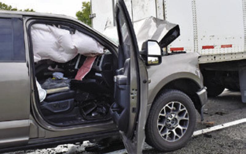 THIS FORD PICKUP was damaged on Wednesday, Sept. 4, on State Highway 36 South. Tribune photo by Roy Sanders