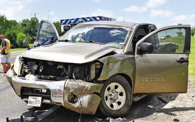 THIS TRUCK WAS damaged in a three-vehicle collision on Tuesday morning on State Highway 21, just west of Caldwell. Two ambulances responded to the scene, and several persons were transported to an area hospital. There were no details on the accident at press time.