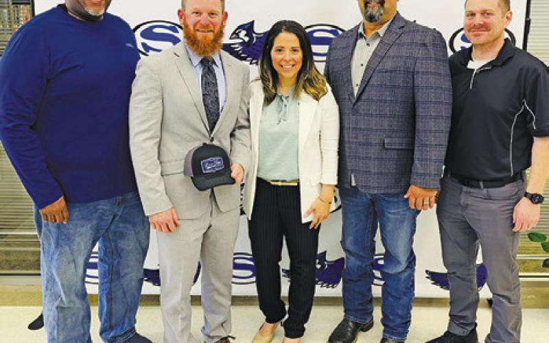SNOOK ISD RECENTLY NAMED Nolan Lanham as its new athletic director and head football coach. Pictured, from left, are Darren Nobles, secondary principal, Lanham, Dr. Megan Pape, Snook ISD Superintendent, Oscar Kendall, secondary assistant principal, and Tyler Cruzen, elementary principal.