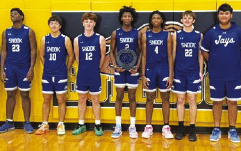 THE SNOOK BLUEJAYS took second place at the North Zulch Tournament. Team members are, from left, Jeremiah Curry, Ke’Treen Carter, Braedyn Fannin, Brent Turner, Jimmy Kearney, John Carr, Wyatt Lopez, Ramiro Martinez and Connor Gilliam.