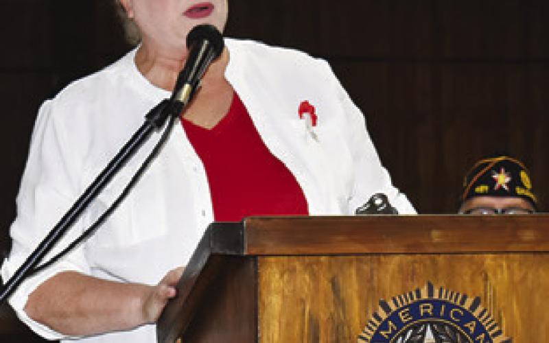 JENNIFER FRAUSTRO speaks on Monday at the Memorial Day ceremony at the VFW.