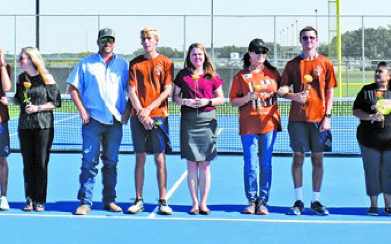 SEVERAL CALDWELL TENNIS PLAYERS were honored at last Thursday’s Caldwell-Cameron Yoe match for Senior Night. The seniors included: Connor Hughson, Waylon Chapman, Keith Ramon, Breyden Athey, Karly Fritsche, Hope Savage, Alejandro Zapata and Gabe Pipes.