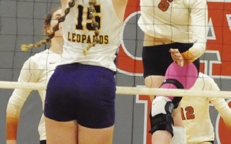 KAELY BROWN hits the ball over La Grange’s Hannah Gross during the Lady Hornets’ loss to La Grange on Friday. Tribune photo by Denise Squier