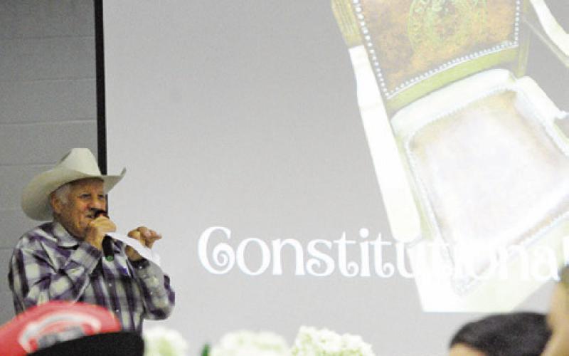 CHARLES DOONAN WAS this year’s auctioneer at Saturday’s Somerville Education Foundation Gala at the elementary school. Tribune photo by Denise Squier
