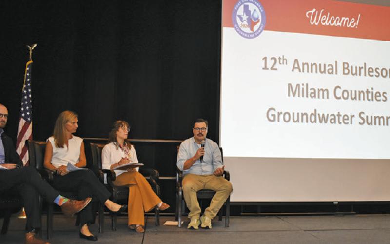 THE QUESTION AND ANSWER session at the groundwater summit included, from left, Alan Leonard, Leah Martinsson, Rachel Hanes and Adam Foster. Tribune photo by Roy Sanders