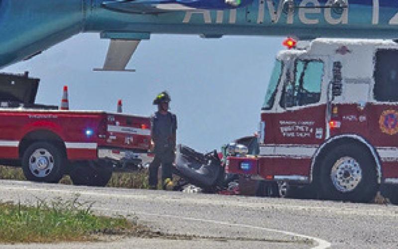 THIS CAR WAS damaged on Tuesday afternoon in a collision with an 18-wheeler at the F.M. 50 and F.M. 60 intersection. Photo by Snook Volunteer Fire Department