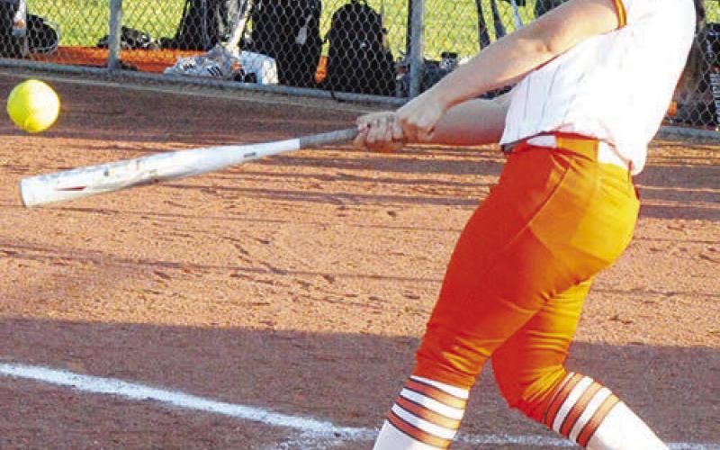 AVERIE HERNANDEZ hits the ball during the Somerville-Normangee game last Friday night.