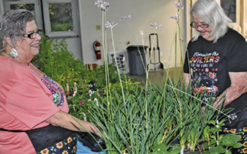 TAMMY QUALLSTUCKER and Sandy Foreman of the Lyons Extension Club work on Saturday, April 5, at the club’s Spring Fling &amp;amp; Craft Sale at Harmony Baptist Church off State Highway 36 South.