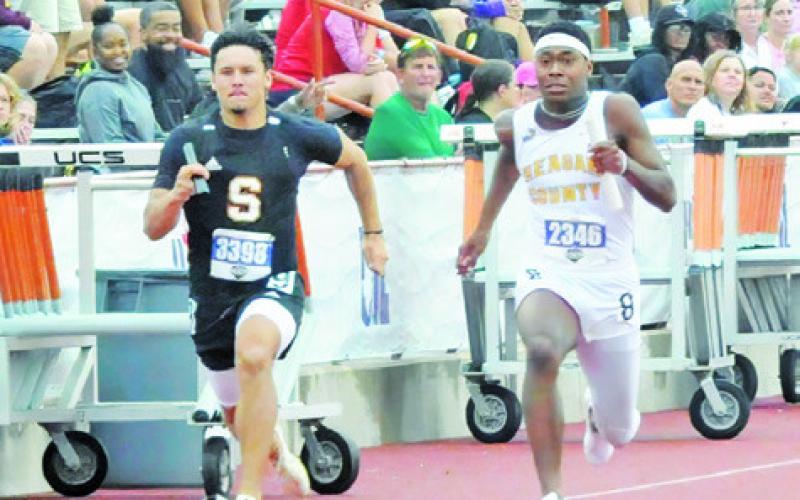 SOMERVILLE’S IAN TEAGUE runs the final leg of the boys 4x100meter relay race at the UIL Class 2A State Track &amp;amp; Field Meet last Friday evening in Austin. -- Tribune photo by Denise Squier