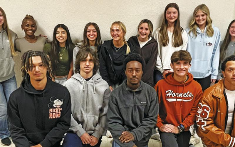 CALDWELL TRACK HAD SEVERAL advance to the area track meet. Those included, from left, back, Ireland Morgan, Alyssa Butler, Jasmine Rodriguez, Natalie Eastepp, Kaylan Groce, Rayleigh Lawhon, Julianne Gerland, Reese McManus, Adeline Hicks, front, EJ Rogers, Daxton Towler, Dejuan Mathis, Spencer Ellis and Korbin Burns. Not pictured is Amoree Denson.