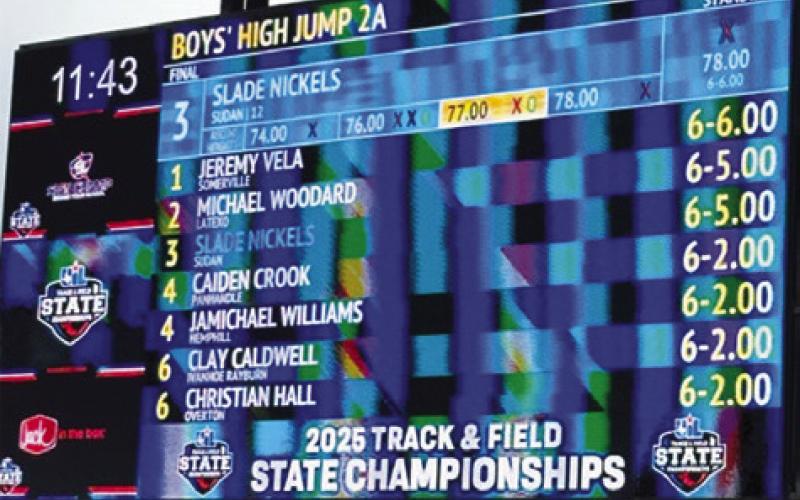 THE JUMBOTRON AT Mike A. Myers Track &amp;amp; Soccer Stadium on the campus of the University of Texas-Austin shows Somerville’s Jeremy Vela placing first in the boys Class 2A high jump at the UIL State Track &amp;amp; Field Meet. Vela’s story tops this year’s list of Top 10 Sports Stories for 2025. Tribune photo by Denise Squier