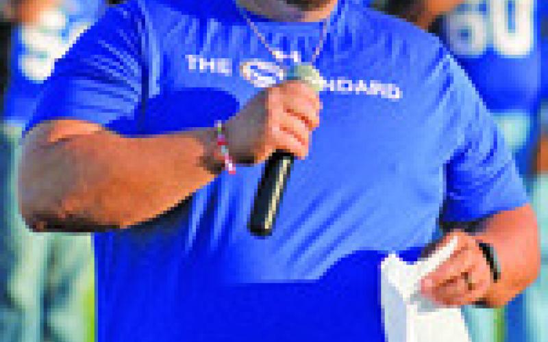 NEW BLUEJAY HEAD football coach and athletic director Matthew Kana addresses the Snook Bluejay nation at “Meet the Bluejays.”