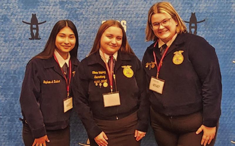 YARETZY CARRIZALES, OLIVIA VALDEZ and Melanie Palmer of Snook FFA competed in the Public Speaking contest at HLSR. Photo courtesy of Nicole Godwin