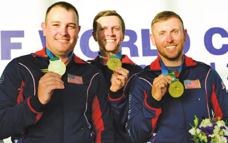 CALDWELL’S PHILLIP JUNGMAN (left) and his USA teammates, Adam “Colt” McBee and Vincent Hancock, won the gold medal in Men’s Skeet Team at the recent ISSF World Cup in Baku, Azerbaijan.